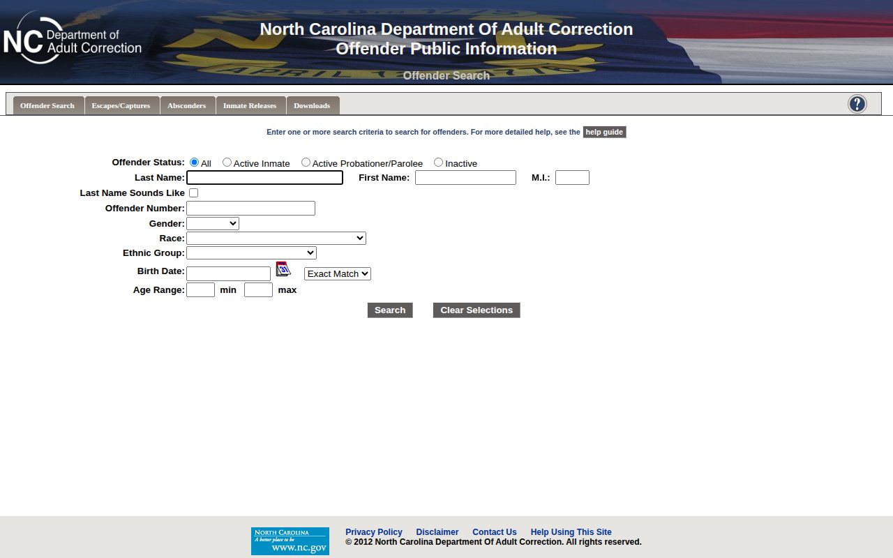 NC DAC search fields for a Duplin County release date lookup